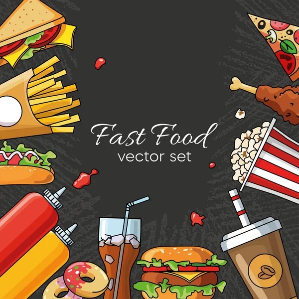 Fast food seti vektörü siyah arka planda izole edildi. Abur cubur şablonu. Lezzetli fast food. Düz tarzda sağlıksız yiyecekler. Elle çizilmiş pankart. Burgerler, içkiler, patates kızartması.