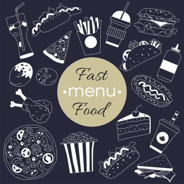 Fast food karalaması siyah arka planda izole edilmiş renksiz set. Birinci sıra abur cubur şablonu. Lezzetli fast food. Düz bir yemek. Çizgili burger, içki, patates kızartması, sandviç..