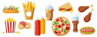 Amerikan fast food ile çizgi film seti. Beyaz arka planda renkli abur cubur. Renkli çizgi film fast food. Hamburger, sosisli, pizza, taco, çörek, sandviç, sos, kahve. Paket yemek tasarımı. Vektör