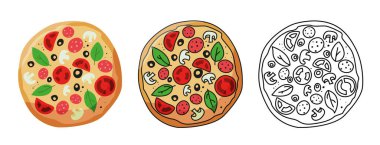 Pizza Set Design Image. Beyaz arka planda pizza vektörü ayarlandı. Domates, peynir, zeytin, sosis ve fesleğenli renkli ve renksiz pizza. Geleneksel İtalyan yemekleri. Üst Manzara. Avrupa yemeği. İzole edilmiş