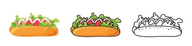 Set of hot dog illustration isolated on white background. Fast food. Junk street food. Hotdog icon for poster, banner, menu, brochure, web. Sandwich with mustard. Vector illustration
