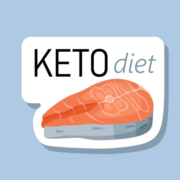 Logo de la dieta cetogénica con filete de salmón. Señal tipográfica keto friendly para el diseño, embalaje, menú. Alimento Keto, bajo en carbohidratos, alto en grasas saludables. Rebanada de pescado y filete. Signo keto icono sello ilustración — Vector de stock