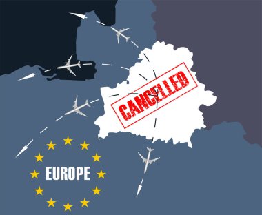 Cancellation of flights in Europien Union for Belarus due to international scandal with airlines. sanctions in response to Lukashenka's terrorism. Banner for article in magazines, newspapers Vector clipart