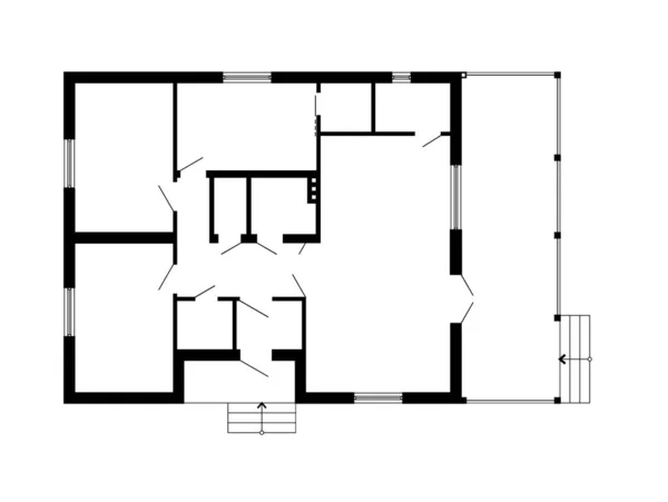 Plan architectural noir et blanc d'une maison. Aménagement des appartements dans la vue dessin. Avec cuisine et toilettes, salon et deux chambres. Conception vectorielle maison. — Image vectorielle