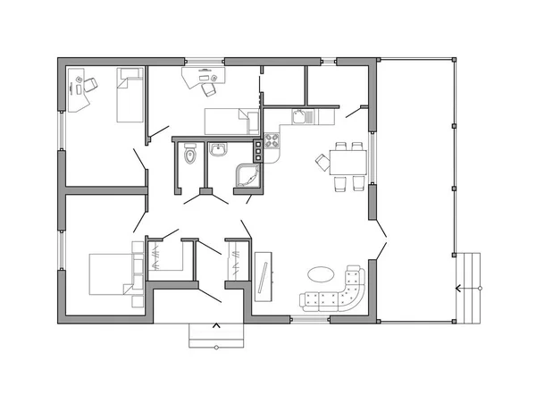 Svart och vitt arkitektonisk plan för ett hus. Planlösning av lägenheterna med möblerna i ritningsvyn. Med kök och toalett, vardagsrum och två sovrum. Hus vektor design. — Stock vektor