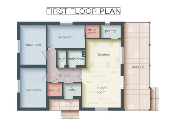 Arkitektonisk teknisk färg golv plan. Färgglada planlösning av ett hus. Three Bedrooms lägenhet arkitektonisk CAD ritning. Vektorillustration — Stock vektor
