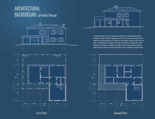 建筑项目 平面图和横贯城郊房屋 现代建筑的图纸 蓝色背景的农舍项目 病媒蓝图 建筑技术说明 — 图库矢量图片#
