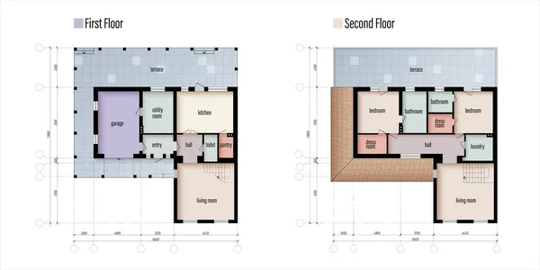 건축 기술 물감 계획. 화려 한 건물의 바닥 설계도입니다. 개인 주택, 아파트 건축 CAD 도면. 코티지 프로젝트. 벡터 일러스트 — 스톡 벡터