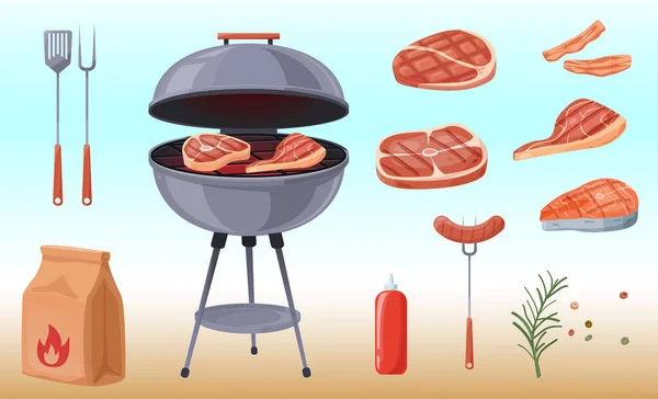 Colorful set for barbecue party with meat, ketchup and round BBQ charcoal grill. Holiday recreation. Cartoon style vector illustration. Realistic BBQ charcoal grill with hot coals. Vector illustration — Stock Vector