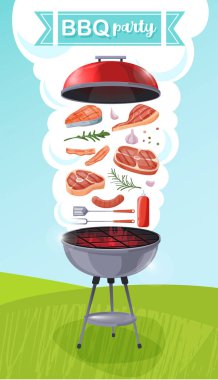 Izgarada biftekli barbekü partisi posteri. Çizgi film tarzında elementlerin olduğu barbekü partisi posteri. Yaz zamanı. Dışarıda yemek pişirmek. Evdeki restoran. Alet, sos ve yiyecekle birlikte kömür ocağı. Vektör
