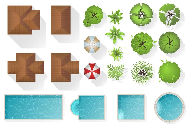 Set Landscape elements, top view. Houses, architectural elements, plants, garden, trees, swimming pools, umbrella. Landscaping symbols, Outdoor set isolated on white. View from above. Vector Graphics