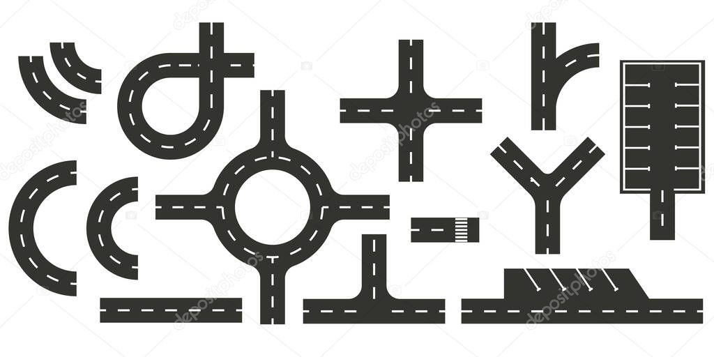 Top view of Road Map Design Element. Vector set elements. Part of road highway, road junctions, crossroad for traffic. Road plan, city map. Top view. Race game.