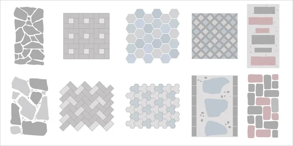 Üstteki manzaralı cadde kaldırımları ya da kaldırım yolu desenli fayans seti. Taş, tuğla ve kaldırım taşı desenli döşemeler. Mozaik zemin fayansları. Taş zemin mimari malzeme bloğu