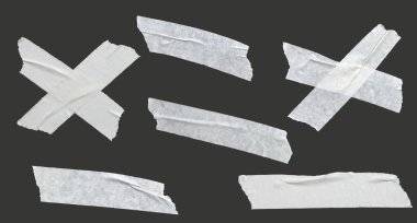 Set of white adhesive tape. Duct tape strip. Torn pieces of masking tap, scotch. Collection of realistic tape band. Design element, crumpled folded ribbon. Crossed White Masking Tape Pieces Vector kit