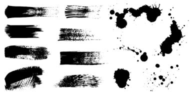 Boya fırçası, mürekkep sıçraması, haçlar, lekeler ve boya darbeleri. Bir dizi mürekkep grunge fırça darbeleri ve boya. Sanatsal doku koleksiyonu. Kirli vektör tasarım elemanları, arkaplanlar