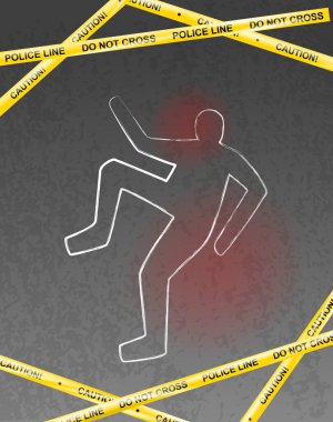 Cesedin tebeşirle çizildiği bir olay yeri ve polis şeridini geçmeyin. Tebeşir, polis kurdelesiyle cinayet kurbanını özetliyordu. Kanlı bir ceset. Gizemli cinayetin vektör çizimi