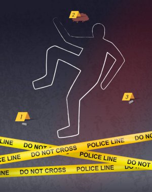 Cesedin tebeşirle çizildiği bir olay yeri ve polis şeridini geçmeyin. Tebeşir, polis kurdelesiyle cinayet kurbanını özetliyordu. Kanlı bir ceset. Gizemli cinayetin vektör çizimi