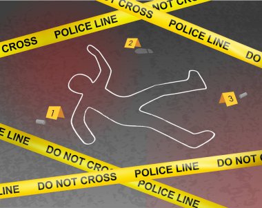 Tebeşir, polis kurdelesi ve kanıt işaretleriyle cinayet kurbanlarının resimlerini özetliyordu. Polis olay yerinde tebeşirle çizilmiş ve silah mermileri var. Kanlı bir ceset. Vektör illüstrasyonu