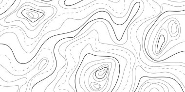 Topografik hat, kıvrımlı dalga izolinleriyle çizgi haritası. Okyanus ya da deniz derinliği toprak yüzeyi, desen. Koşullu coğrafya şeması, arazi yolu kavramı. Düzenlenebilir vektör vuruşu