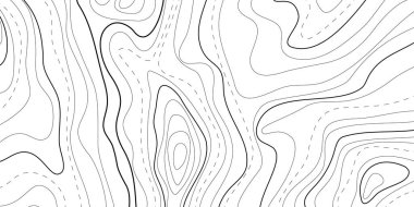 Kavisli dalga izolinleriyle çizilmiş çizgi haritası, topografik hatlar. Okyanus ya da deniz derinliği toprak yüzeyi, desen. Koşullu coğrafya şeması, arazi yolu kavramı. Düzenlenebilir vektör vuruşu