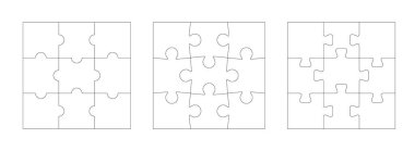 Birbirine kenetlenmiş parçaları olan yapboz şablonları. Dalgalı iç içe geçmiş 9 parçalı boş yapboz şablonu. Satır desenli vektör yerleşim kiti, oyun eğitimi için tasarım koleksiyonu