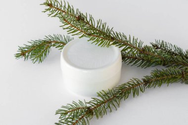 Organik kozmetik ürünleri. Yeşil ladin, çam ve köknar dallarının yanında krema ya da losyonlu beyaz kavanoz. Alay et. Biyolojik doğal vücut ve yüz bakımı.