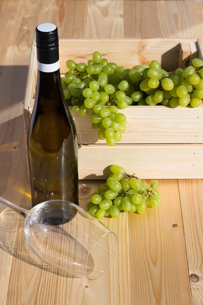 Uma garrafa de vinho branco ao lado de uma caixa de madeira cheia de uvas. Orientação vertical. Produção de vinho, bebidas de frutas. Dia ensolarado. Espaço de cópia — Fotografia de Stock