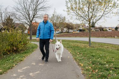 Man enjoying a walk with pet white swiss shepherd on a paved path outdoors