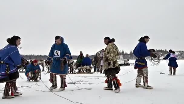 Kar-Nat, Ryssland-21 februari 2016: Nationaldagen holiday renskötare på det Yamal halvön, i fabriken Kar-Nat, 21 februari 2016 — Stockvideo