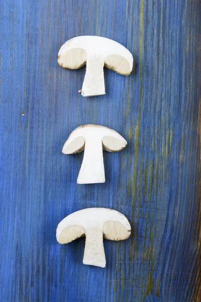 Funghi su uno sfondo di legno blu — Foto Stock