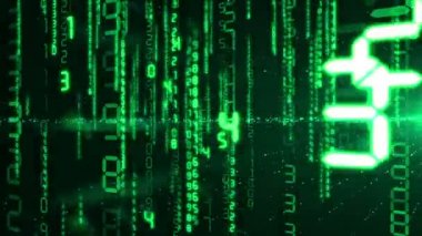 Yeşil ışık yanıp sönen ışınları düşen dijital kodundaki numaralar. 3D animasyon ilmekledi. HD 1080.