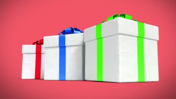 Viele schöne Geschenke und Geschenke fallen auf rotem Hintergrund 3D-Animation. 1080. — Stockvideo