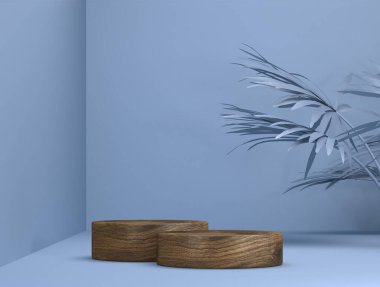 Arkaplanda yaprak gölgesi olan sunum sahnesi olarak soyut ahşap şablon - 3B İllüstrasyon