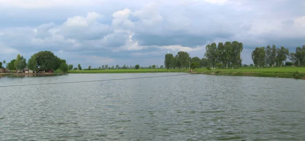 Hermosa Escena Paisaje Rural Natural Con Estanque Campo Cultivo Árboles — Foto de Stock