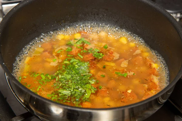 Delizioso Brodo Mais Dolce Cucinato Una Padella — Foto Stock