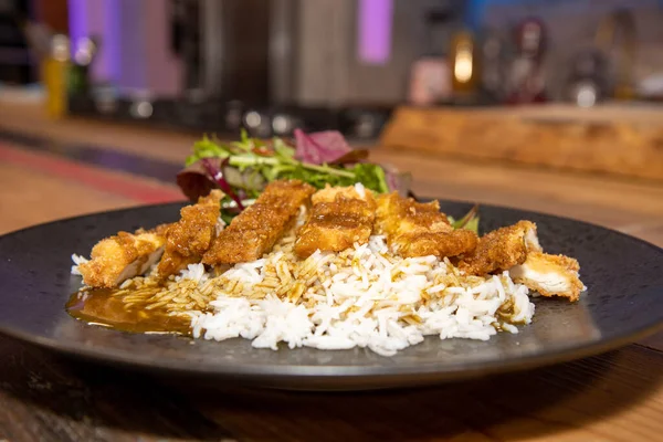 Delicioso Prato Caril Frango Katsu Com Arroz Cozido Jantar Frango — Fotografia de Stock