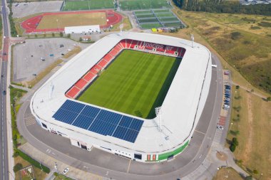 Doncaster UK, 12 Ağustos 2020: Yorkshire 'daki Doncaster Rovers Futbol Kulübü' nün İngiltere 'nin Doncaster şehrindeki Keepmoat Stadyumu' nun havadan çekilmiş fotoğrafı
