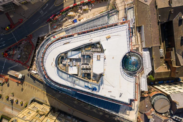 Top down aerial photo of renovation work being done on The Majestic building located in the town centre of Leeds in West Yorkshire in the UK, soon to be Channel 4 headquarters