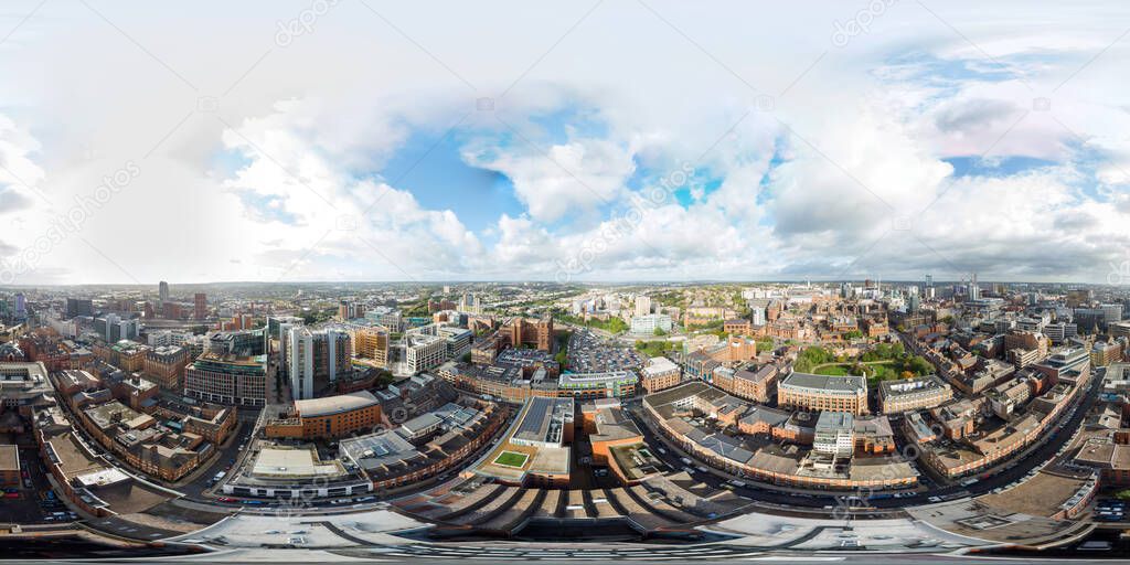 360 degree aerial panorama sphere photo taken in the Leeds City Centre in West Yorkshire UK