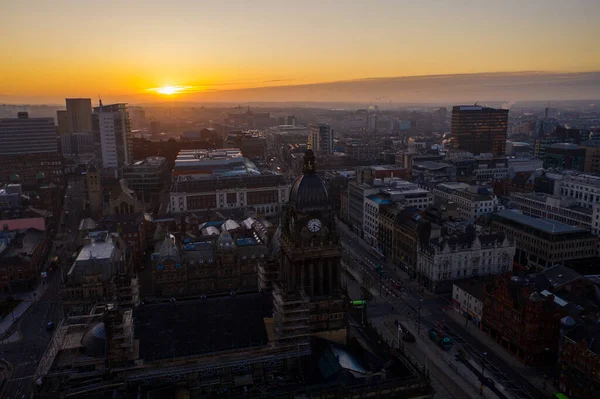 Photo Aérienne Beau Lever Soleil Levant Sur Ville Leeds Dans — Photo