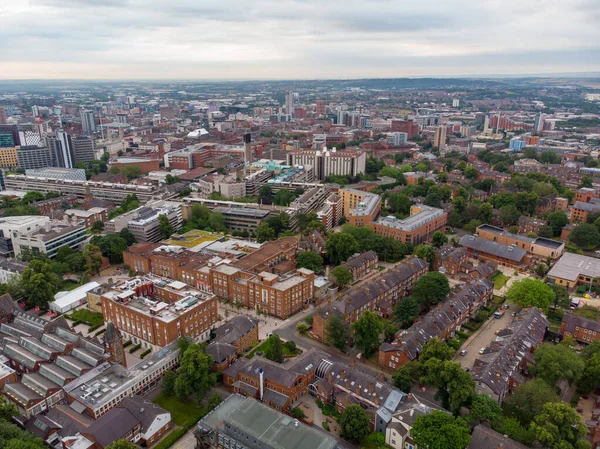 Aerial photo of the Leeds town of Headingley, showing the famous Leeds University student campus and the town centre in West Yorkshire, typical British streets