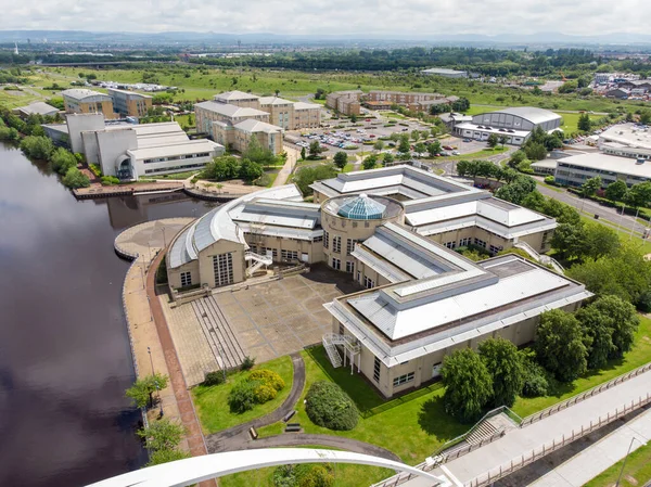 Areal photo of the Durham University, Queen\'s Campus in Thornaby, Stockton-on-xd taken on a beautiful sunny day near to the Infinity Bridge