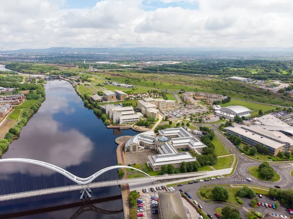 Areal photo of the Durham University, Queen\'s Campus in Thornaby, Stockton-on-xd taken on a beautiful sunny day near to the Infinity Bridge