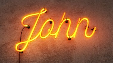 Üzerinde parlak kırmızı / turuncu John yazan neon tabela grunge beton arka planda
