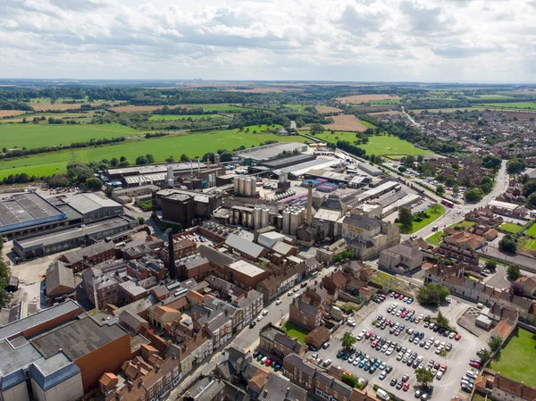 Aerial photo of the the historic town of Tadcaster located in West Yorkshire in the UK, taken on a bright sunny day