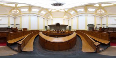 360 Degree panoramic sphere photo showing the interior of the historic Leeds Town Hall showing the old courtroom and judges chair clipart