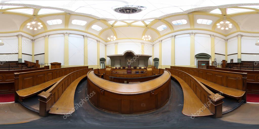 360 Degree panoramic sphere photo showing the interior of the historic Leeds Town Hall showing the old courtroom and judges chair