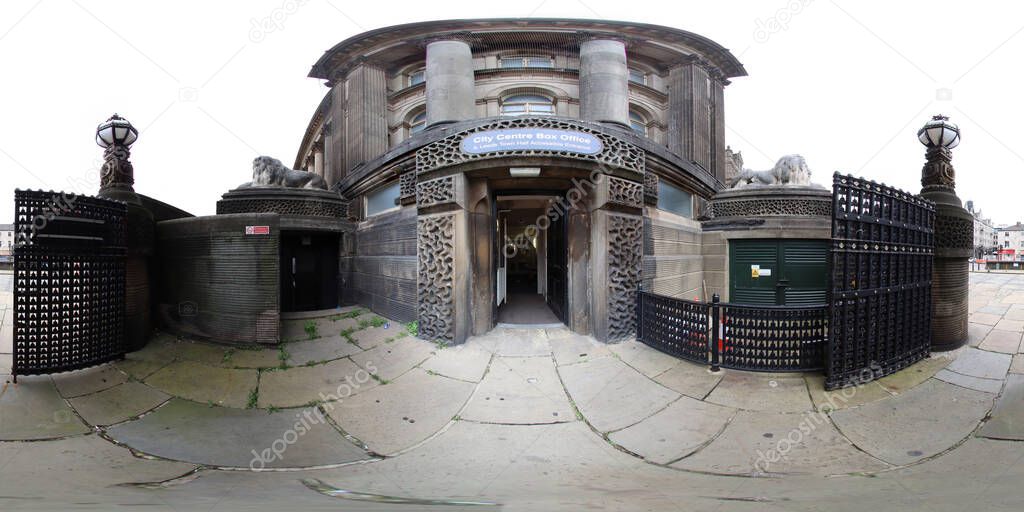 360 Degree panoramic sphere photo showing the outside of the historic Leeds Town Hall in the city centre