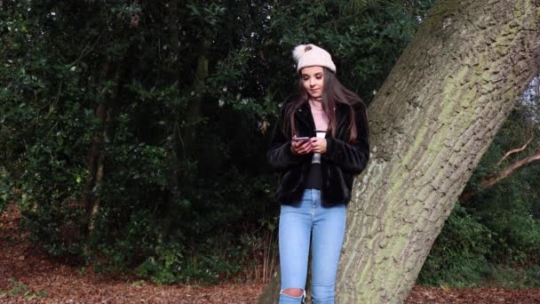 冬天的时候 公园里一个年轻漂亮的女人靠在树上 看着她的手机在网上约会 在约会应用程序上左右摇摆 喜欢一些个人资料 不喜欢一些 — 图库视频影像