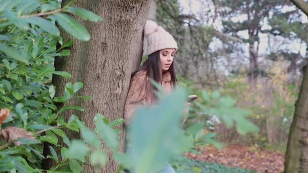 Kışın Telefonda Konuşan Bir Kadın Ağaçlık Bir Parkta Yün Kazak — Stok video
